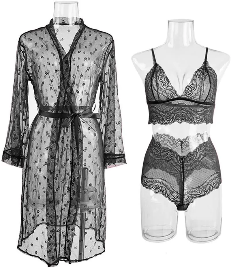 Women Sexy Lingerie Set 3 Piece Babydoll & Lace Kimono Robe Strap with Teddy Lingerie Bodysuit