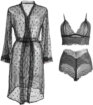 Women Sexy Lingerie Set 3 Piece Babydoll & Lace Kimono Robe Strap with Teddy Lingerie Bodysuit