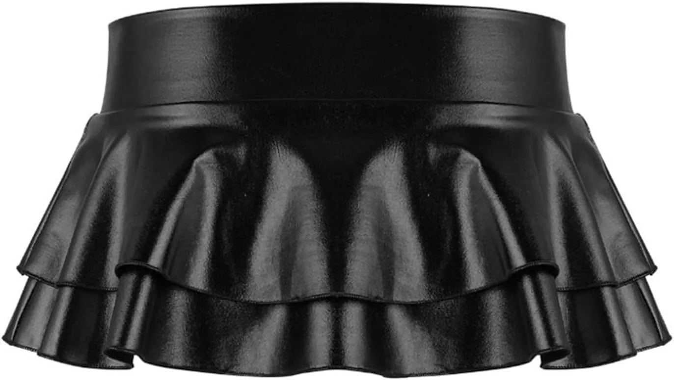 Women Sexy Role Play Pleated Mini Skirt Ruffle Wet Look Glossy Patent Leather Nightdress Teddy Babydoll Nightgown