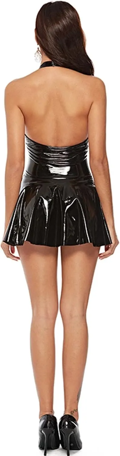 Women Shiny Leather Mini Dress Sexy Deep Wetlook Glossy Pleated Latex Skirt Backless Nightclub Clubwear Lingerie