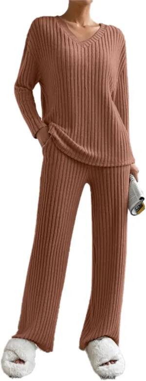 Women's 2 Piece Sets Ribbed Knit Sets Casual Long Sleeve Top and Wide Leg Pants Fall Ribbed Lounge Outfit