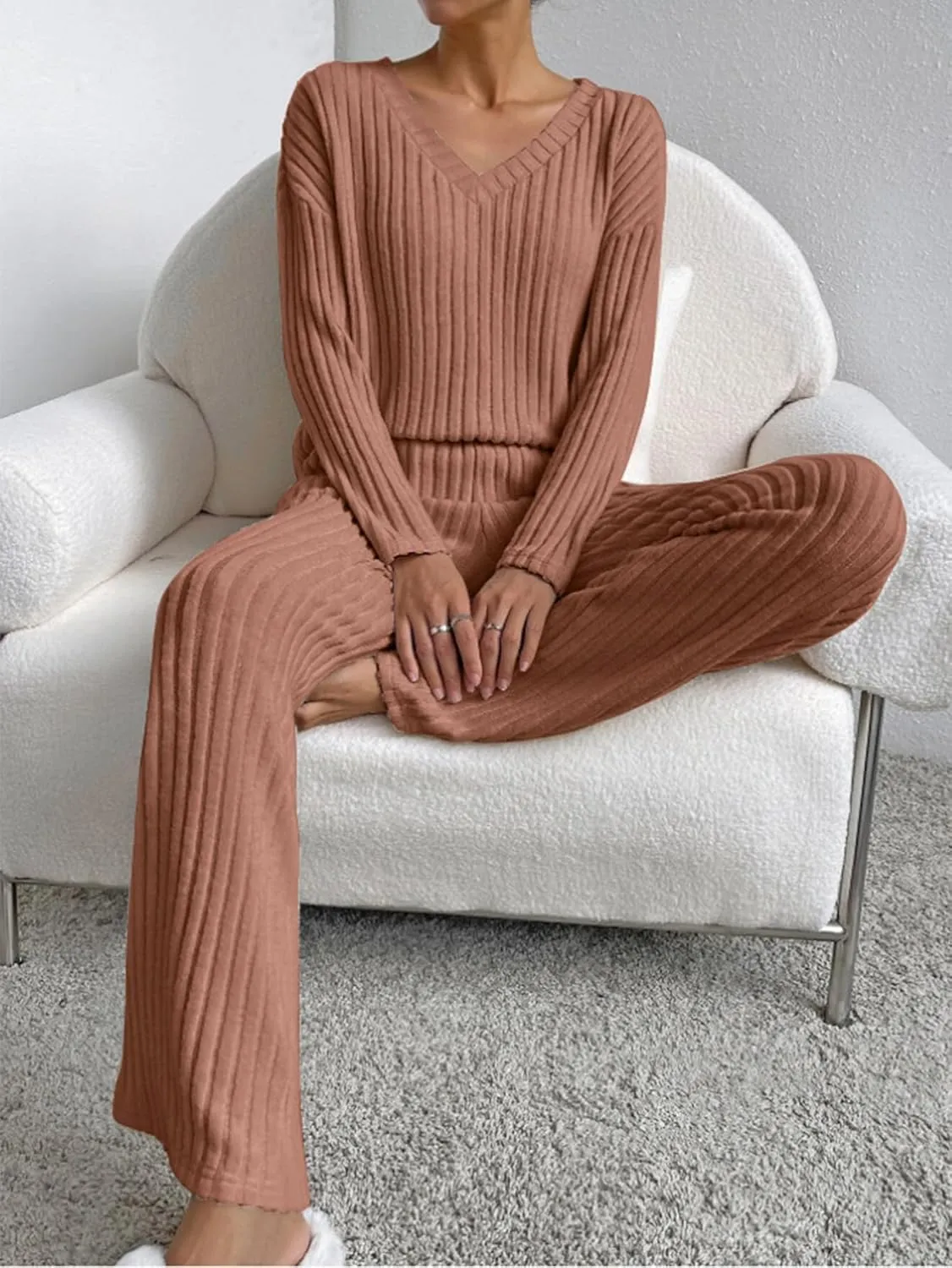 Women's 2 Piece Sets Ribbed Knit Sets Casual Long Sleeve Top and Wide Leg Pants Fall Ribbed Lounge Outfit