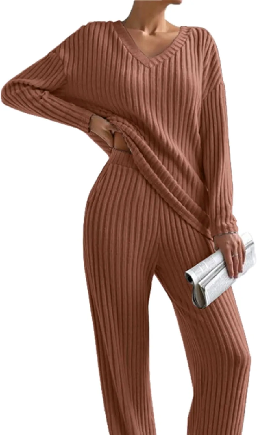Women's 2 Piece Sets Ribbed Knit Sets Casual Long Sleeve Top and Wide Leg Pants Fall Ribbed Lounge Outfit