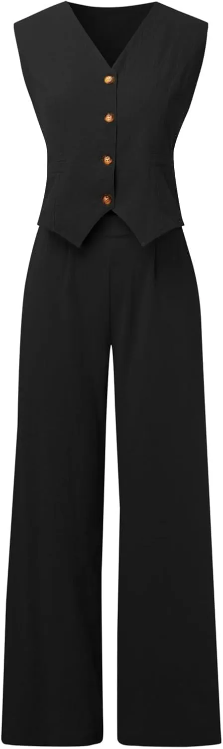 Womens 2 Piece Sets Summer Button Down Vest and Wide Leg Pants Suits Linen Business Casual Outfits V Neck Blazer Sets