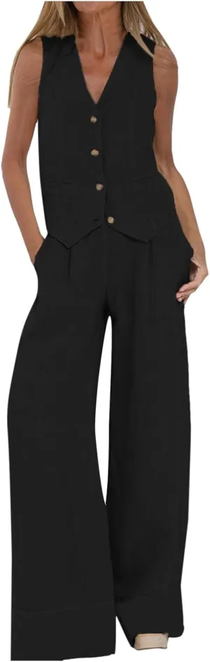 Womens 2 Piece Sets Summer Button Down Vest and Wide Leg Pants Suits Linen Business Casual Outfits V Neck Blazer Sets