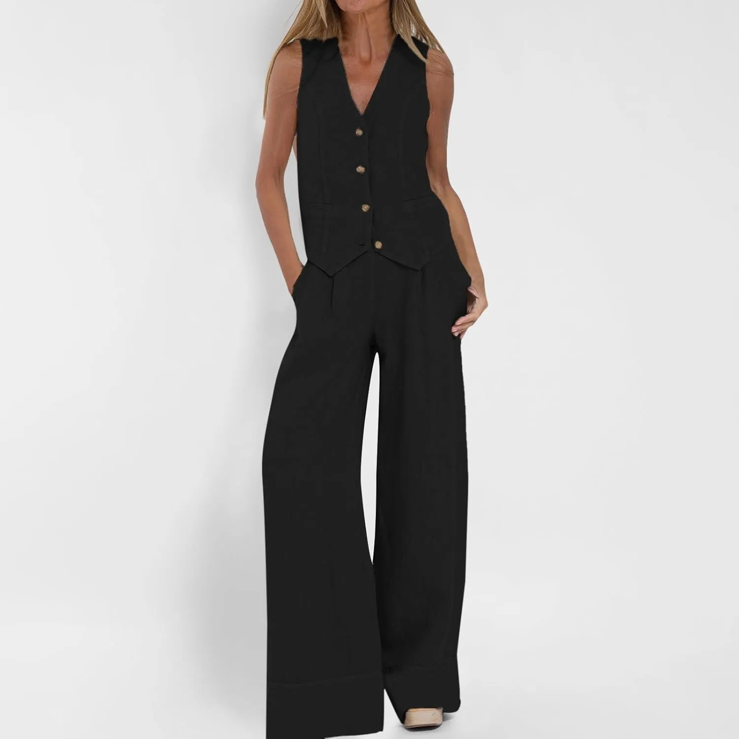 Womens 2 Piece Sets Summer Button Down Vest and Wide Leg Pants Suits Linen Business Casual Outfits V Neck Blazer Sets