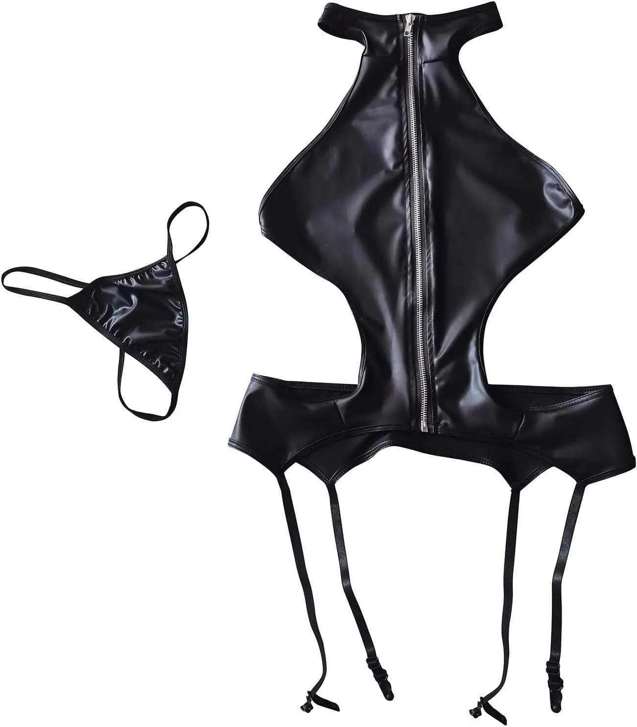 Women's Babydoll Lingerie PVC Leather Mesh Sheer Wetlook Halter Neck One Piece Chemise Clubwear Mini Teddy Dress