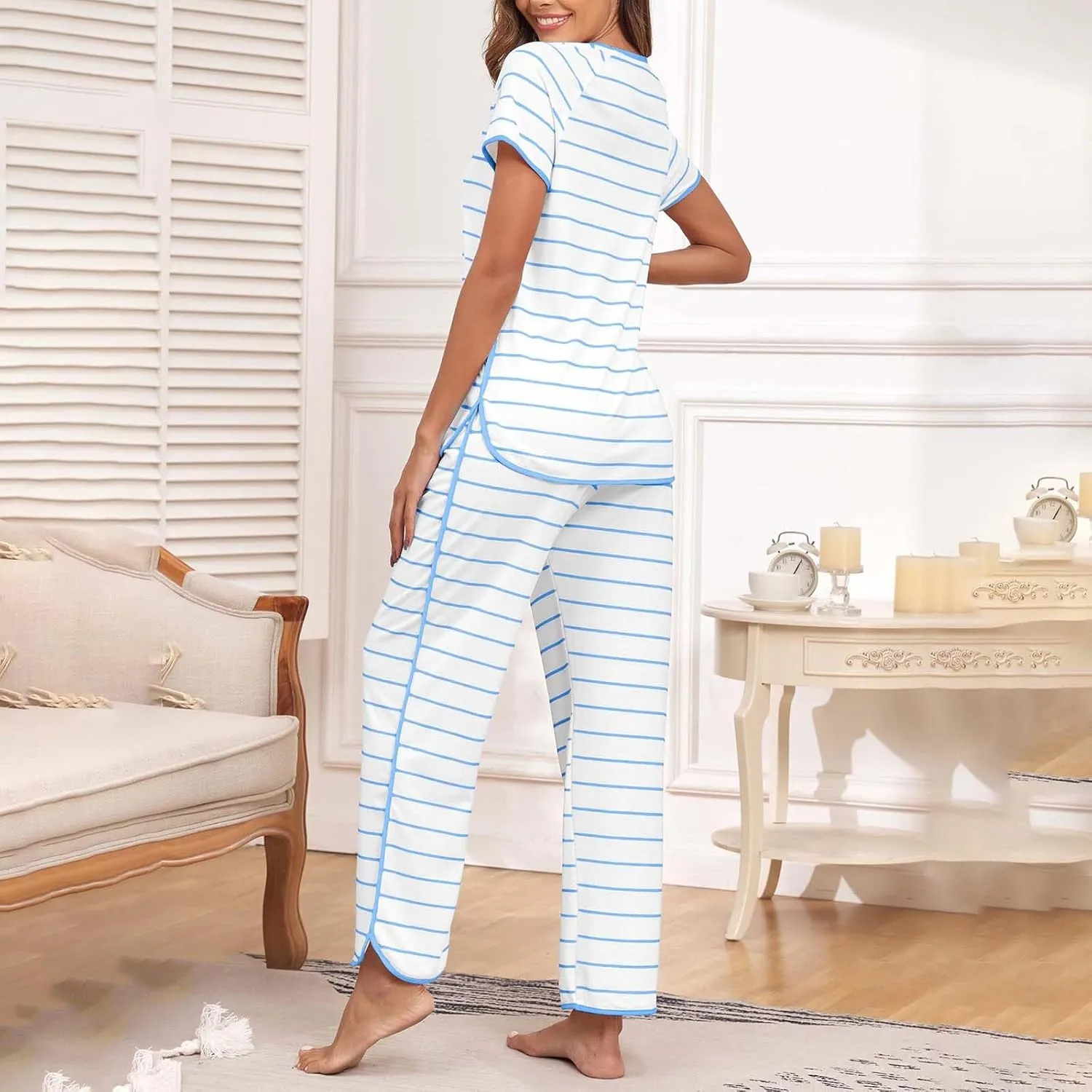 Womens Comfy Pajamas Set Short Sleeve 2 Piece Loungewear Pj Sets Casual Loose Top And Long Pants Sleepwear