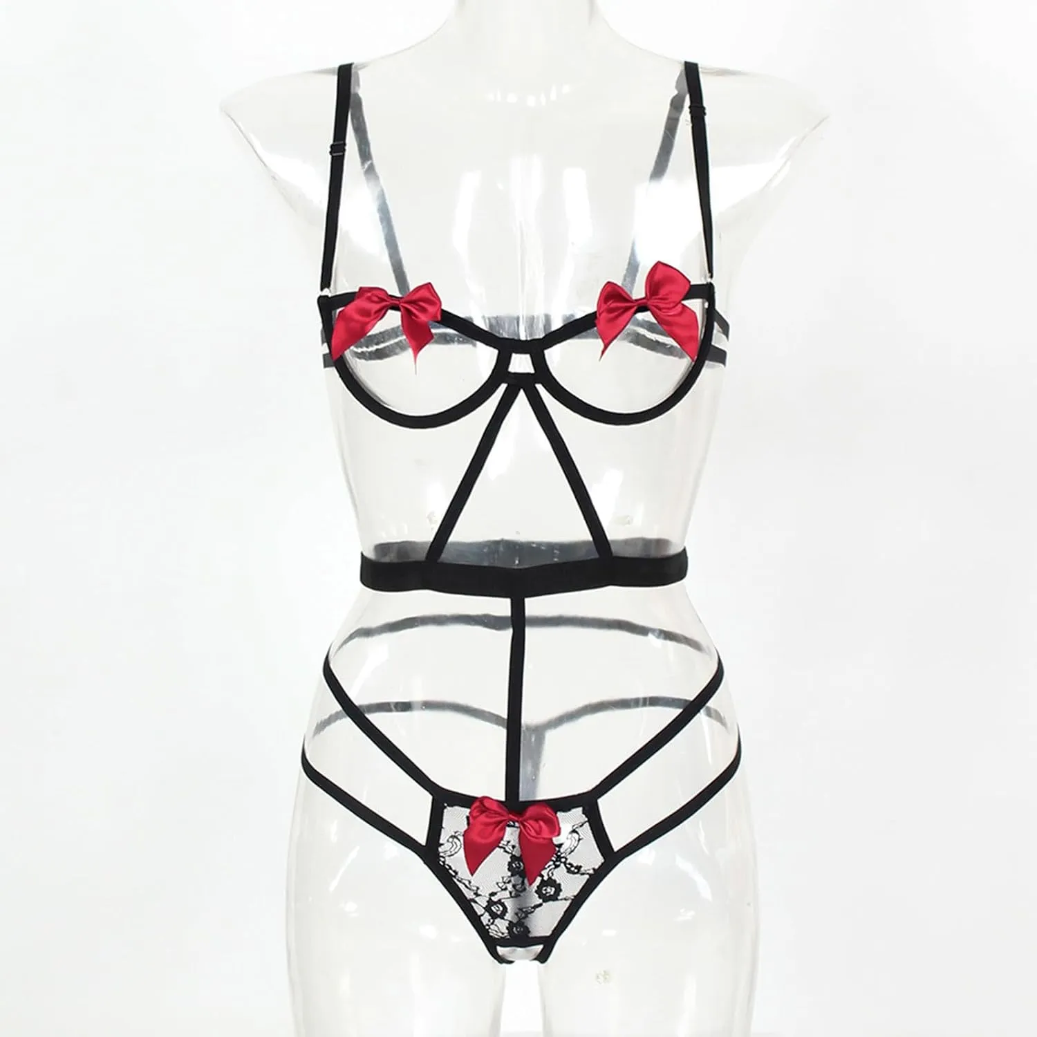 Women's Exotic Apparel Women's Two Piece Underwire Lingerie Set Bow Knot Cut Out Halter Bra and Panty Sleepwear