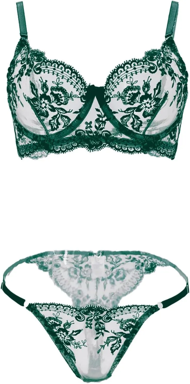 Women's Flower Embroidery See Through Comfortable Attractive Underwear Set for Elevated Confidence and