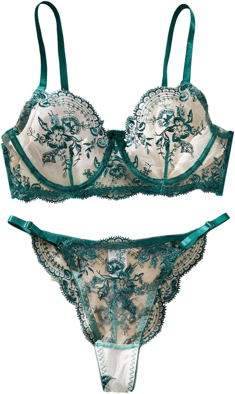Women's Flower Embroidery See Through Comfortable Attractive Underwear Set for Elevated Confidence and