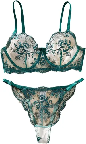 Women's Flower Embroidery See Through Comfortable Attractive Underwear Set for Elevated Confidence and