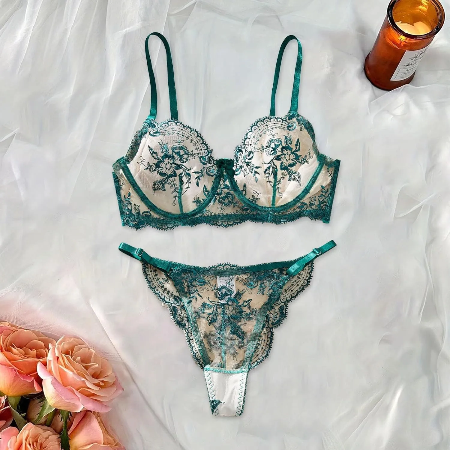 Women's Flower Embroidery See Through Comfortable Attractive Underwear Set for Elevated Confidence and