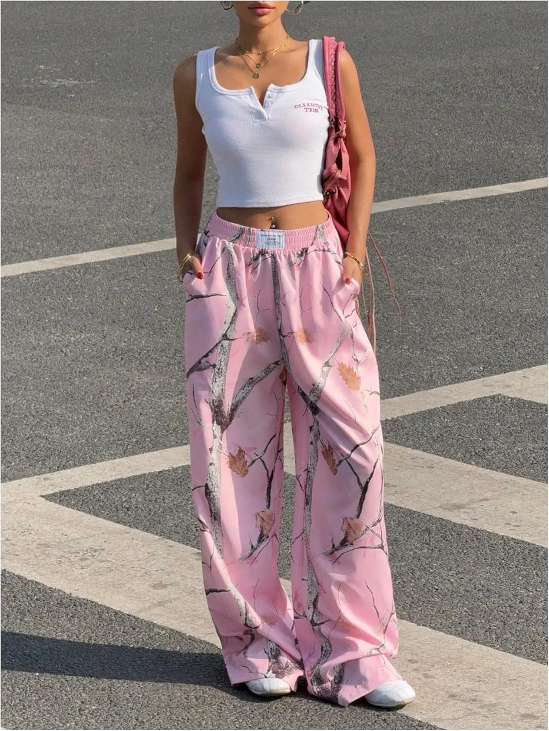 Women's Letter Leopard Print Straight Leg Pants Elastic Waist Y2K Trousers Bottoms with Pockets