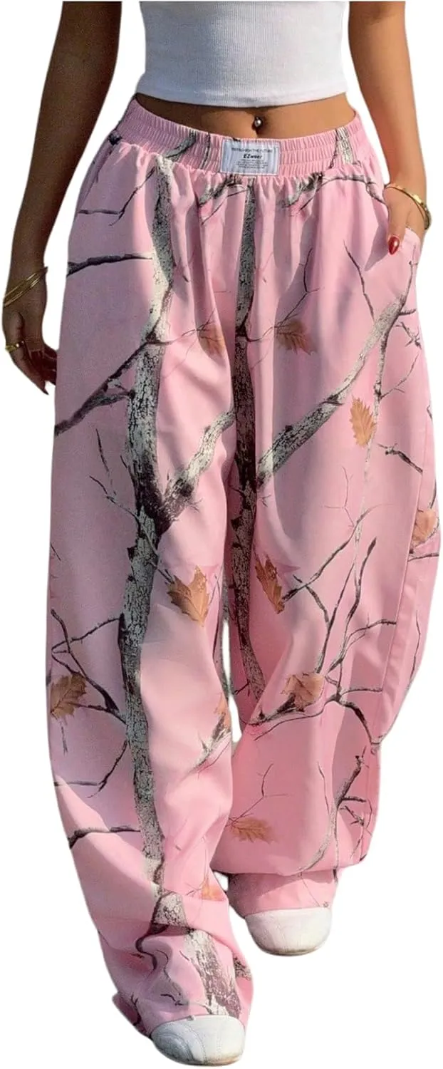 Women's Letter Leopard Print Straight Leg Pants Elastic Waist Y2K Trousers Bottoms with Pockets