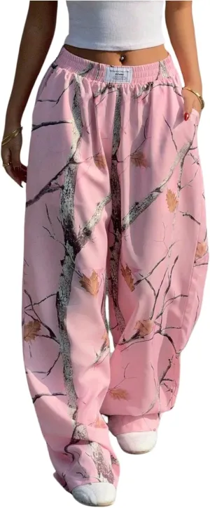 Women's Letter Leopard Print Straight Leg Pants Elastic Waist Y2K Trousers Bottoms with Pockets