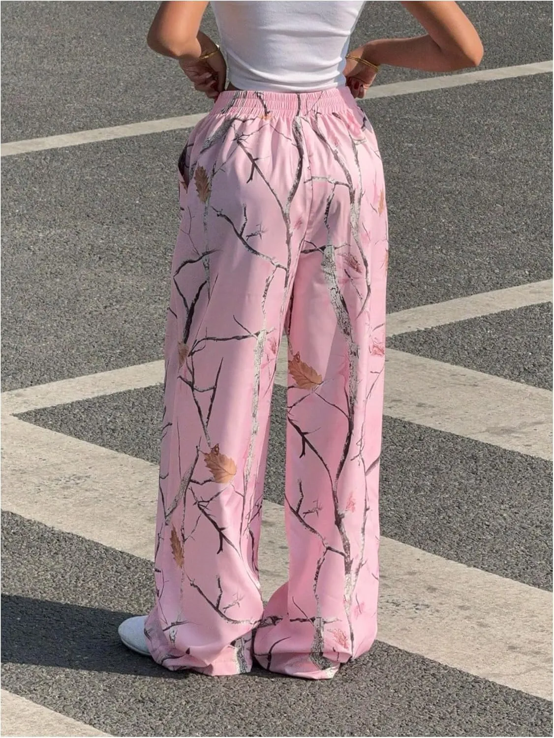 Women's Letter Leopard Print Straight Leg Pants Elastic Waist Y2K Trousers Bottoms with Pockets