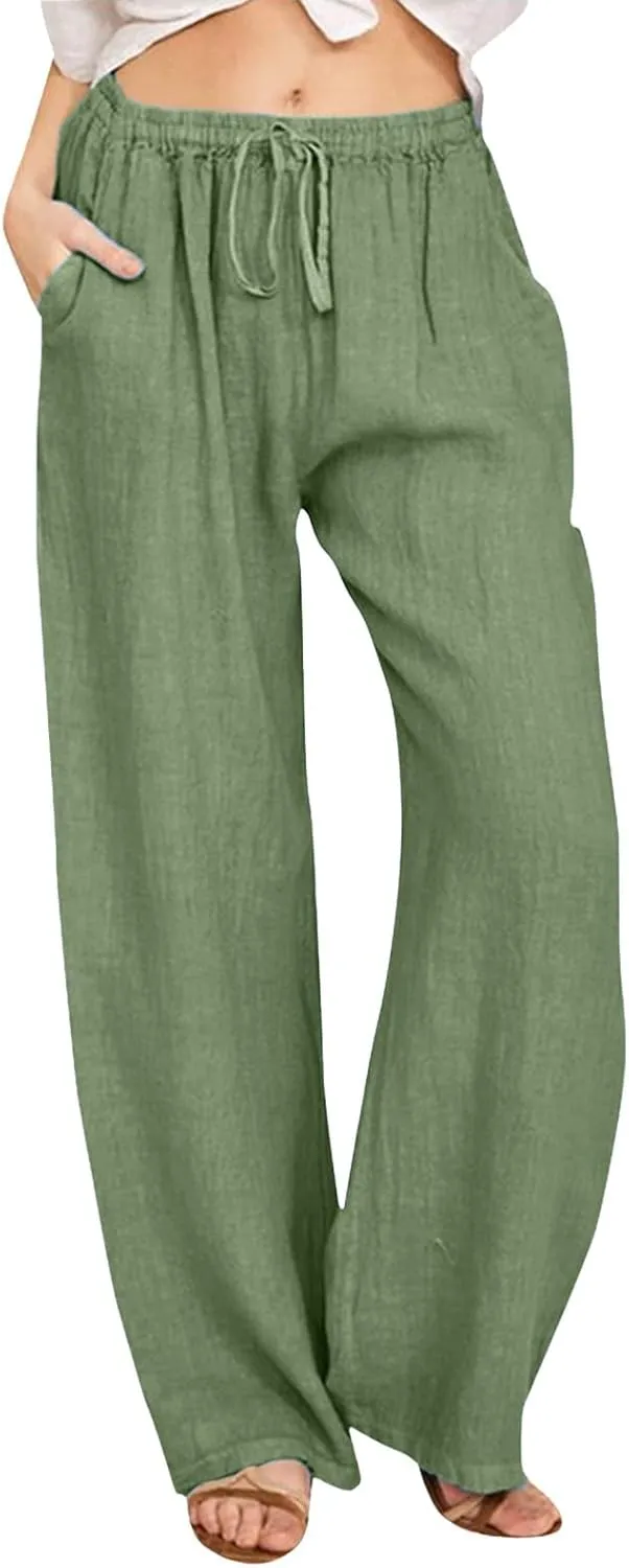 Women's Linen Blend Summer Cropped Palazzo Pants High Waist Lounge Pants Loose Fit Palazzo Lounge Pants Beach