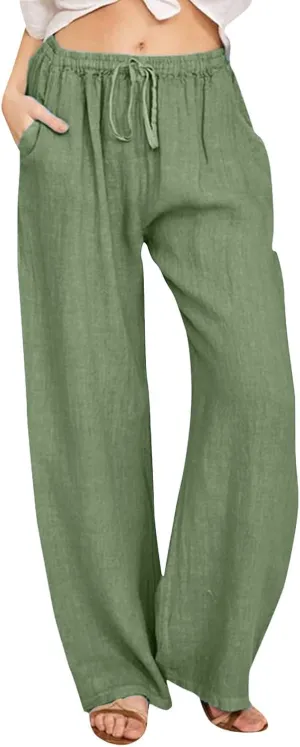 Women's Linen Blend Summer Cropped Palazzo Pants High Waist Lounge Pants Loose Fit Palazzo Lounge Pants Beach