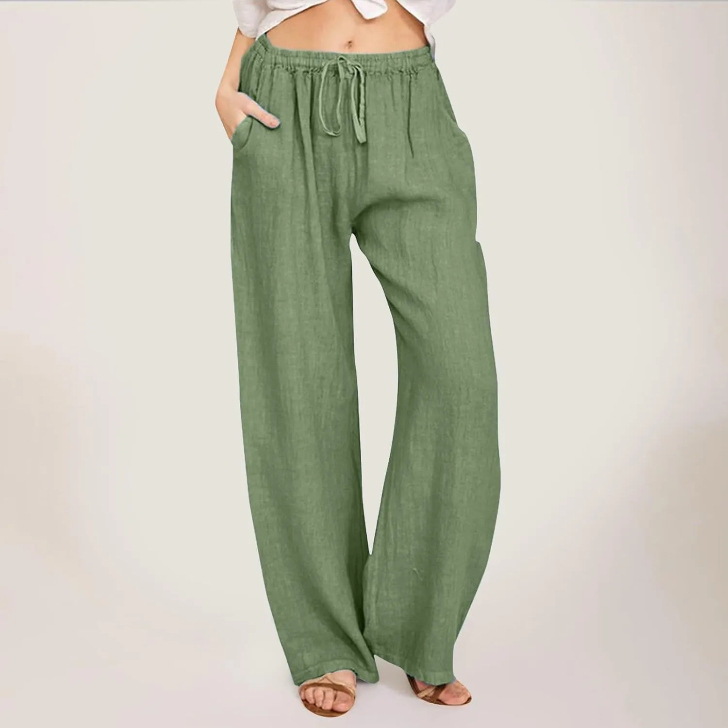 Women's Linen Blend Summer Cropped Palazzo Pants High Waist Lounge Pants Loose Fit Palazzo Lounge Pants Beach