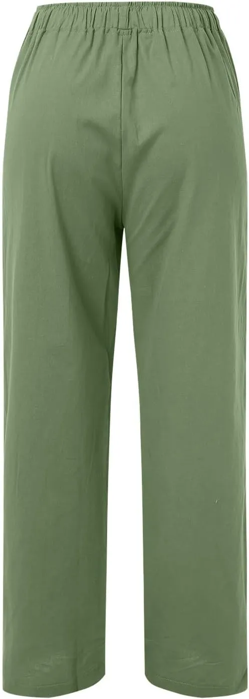 Women's Linen Blend Summer Cropped Palazzo Pants High Waist Lounge Pants Loose Fit Palazzo Lounge Pants Beach