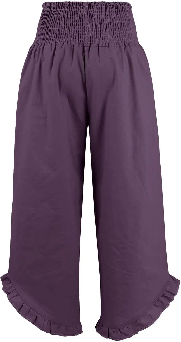 Womens Linen Capri Pants Smocked High Waisted Wide Leg Lounge Casual Trousers Hawaiian Summer Beach Pants with Pockets