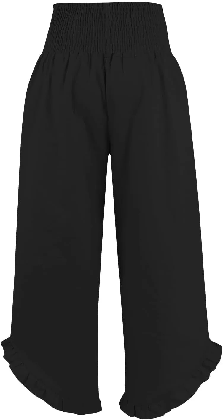 Womens Linen Capri Pants Smocked High Waisted Wide Leg Lounge Casual Trousers Hawaiian Summer Beach Pants with Pockets