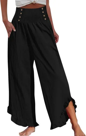 Womens Linen Capri Pants Smocked High Waisted Wide Leg Lounge Casual Trousers Hawaiian Summer Beach Pants with Pockets
