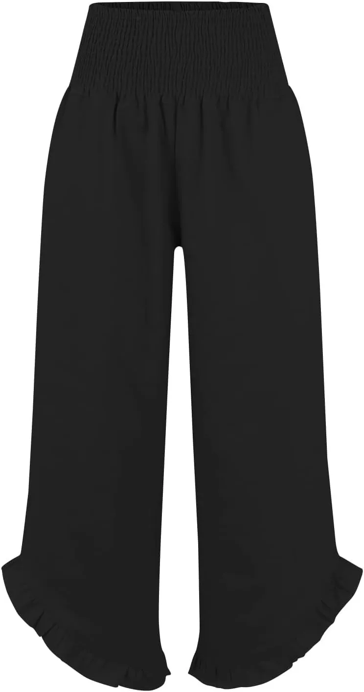 Womens Linen Capri Pants Smocked High Waisted Wide Leg Lounge Casual Trousers Hawaiian Summer Beach Pants with Pockets