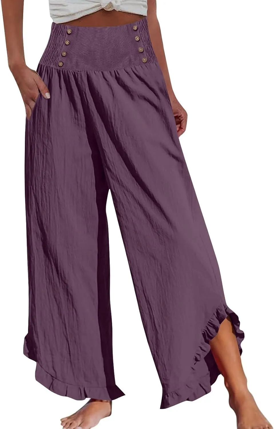 Womens Linen Capri Pants Smocked High Waisted Wide Leg Lounge Casual Trousers Hawaiian Summer Beach Pants with Pockets