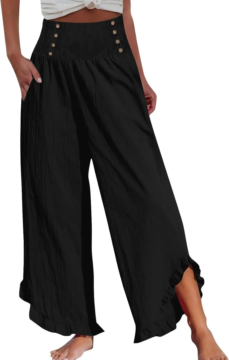 Womens Linen Capri Pants Smocked High Waisted Wide Leg Lounge Casual Trousers Hawaiian Summer Beach Pants with Pockets
