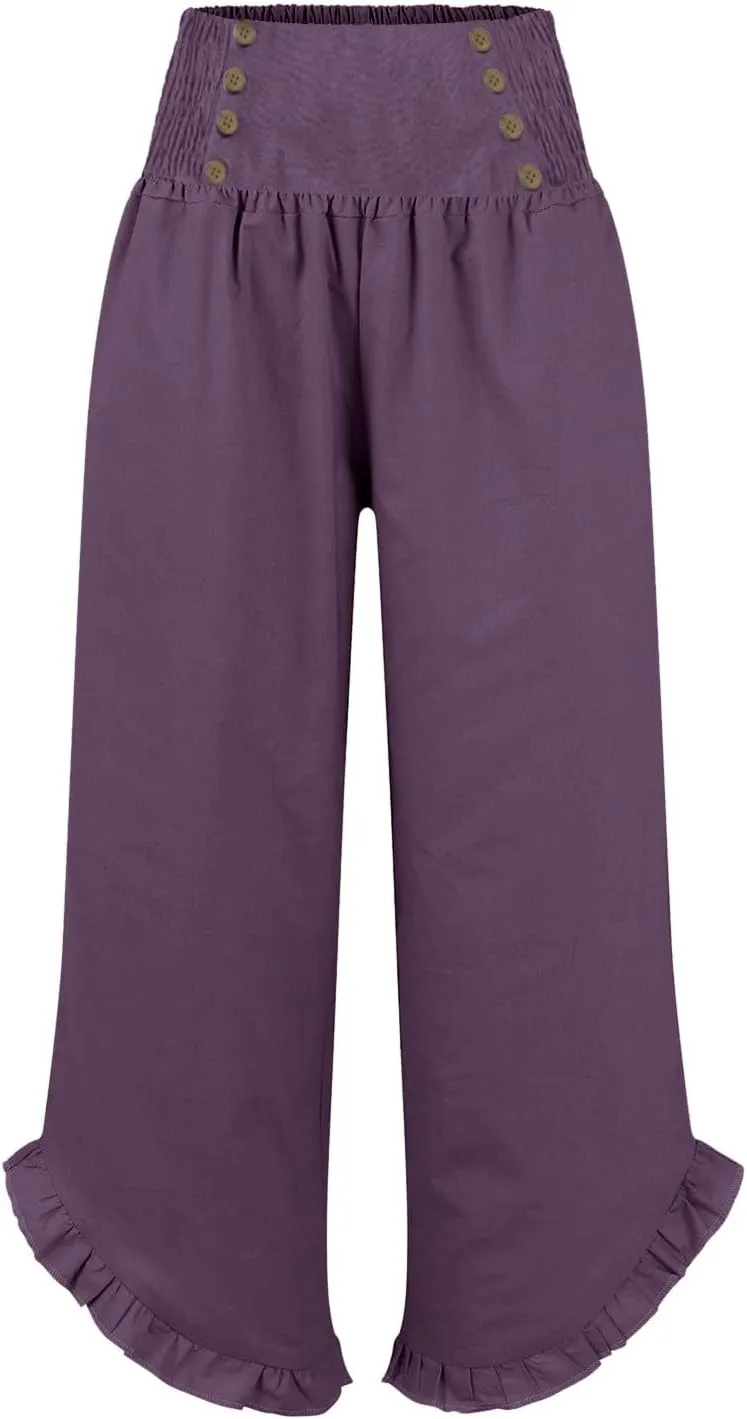 Womens Linen Capri Pants Smocked High Waisted Wide Leg Lounge Casual Trousers Hawaiian Summer Beach Pants with Pockets