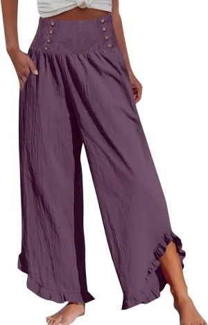 Womens Linen Capri Pants Smocked High Waisted Wide Leg Lounge Casual Trousers Hawaiian Summer Beach Pants with Pockets