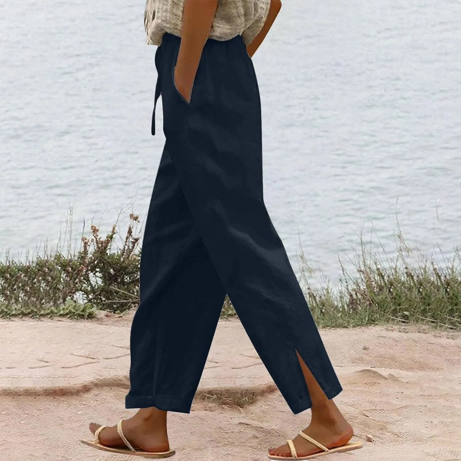 Womens Linen Pants Wide Leg Drawstring Trousers High Waisted Straight Leg Pant Lightweight Summer Beach Pants 2025
