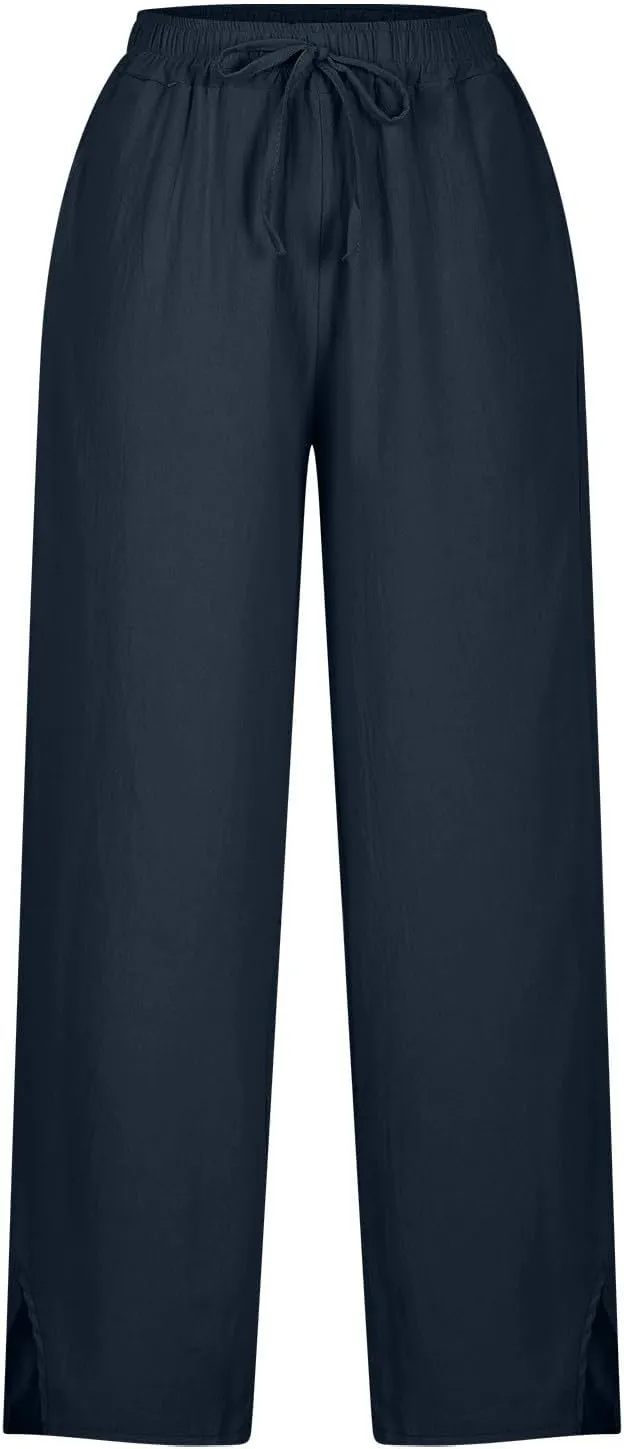 Womens Linen Pants Wide Leg Drawstring Trousers High Waisted Straight Leg Pant Lightweight Summer Beach Pants 2025