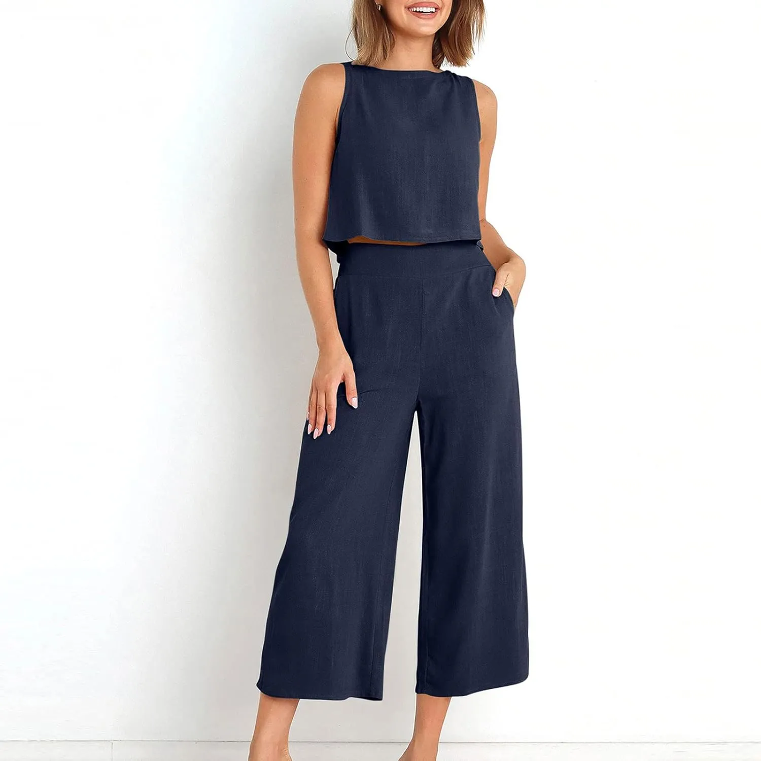 Women's Linen Sets 2 Piece Outfits Summer Sleeveless Tank Tops Wide Leg Capri Pants Linen Lounge Beach Travel Sets