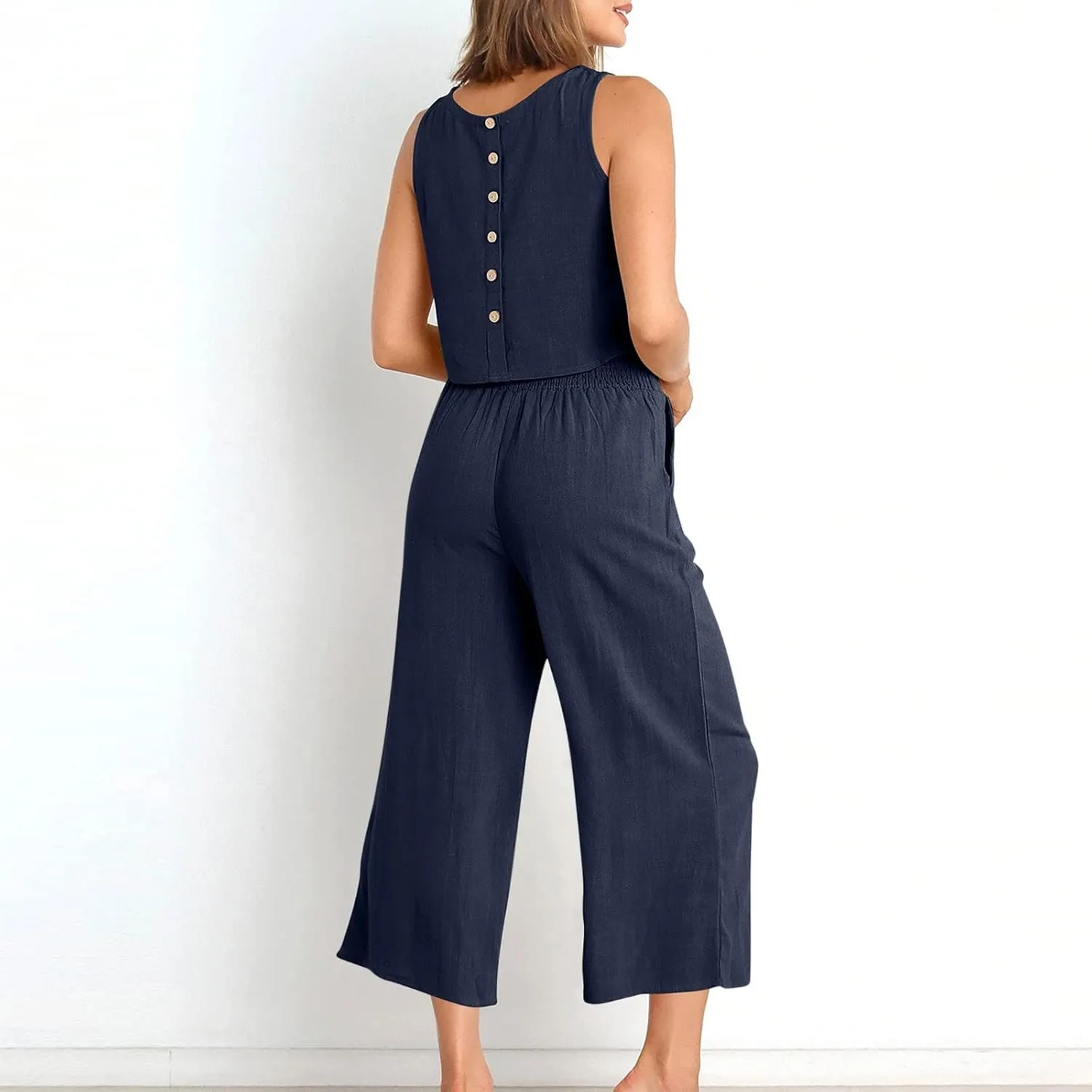 Women's Linen Sets 2 Piece Outfits Summer Sleeveless Tank Tops Wide Leg Capri Pants Linen Lounge Beach Travel Sets