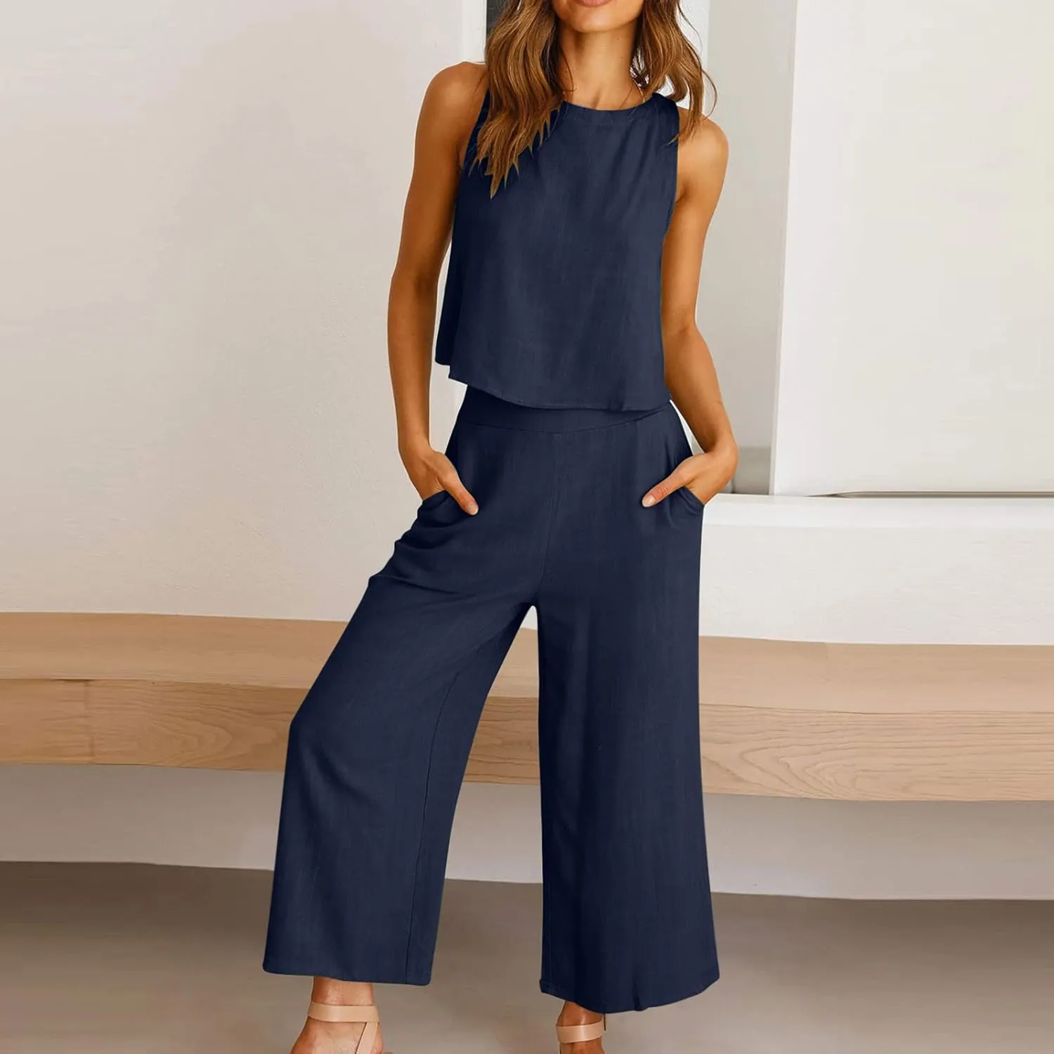 Women's Linen Sets 2 Piece Outfits Summer Sleeveless Tank Tops Wide Leg Capri Pants Linen Lounge Beach Travel Sets