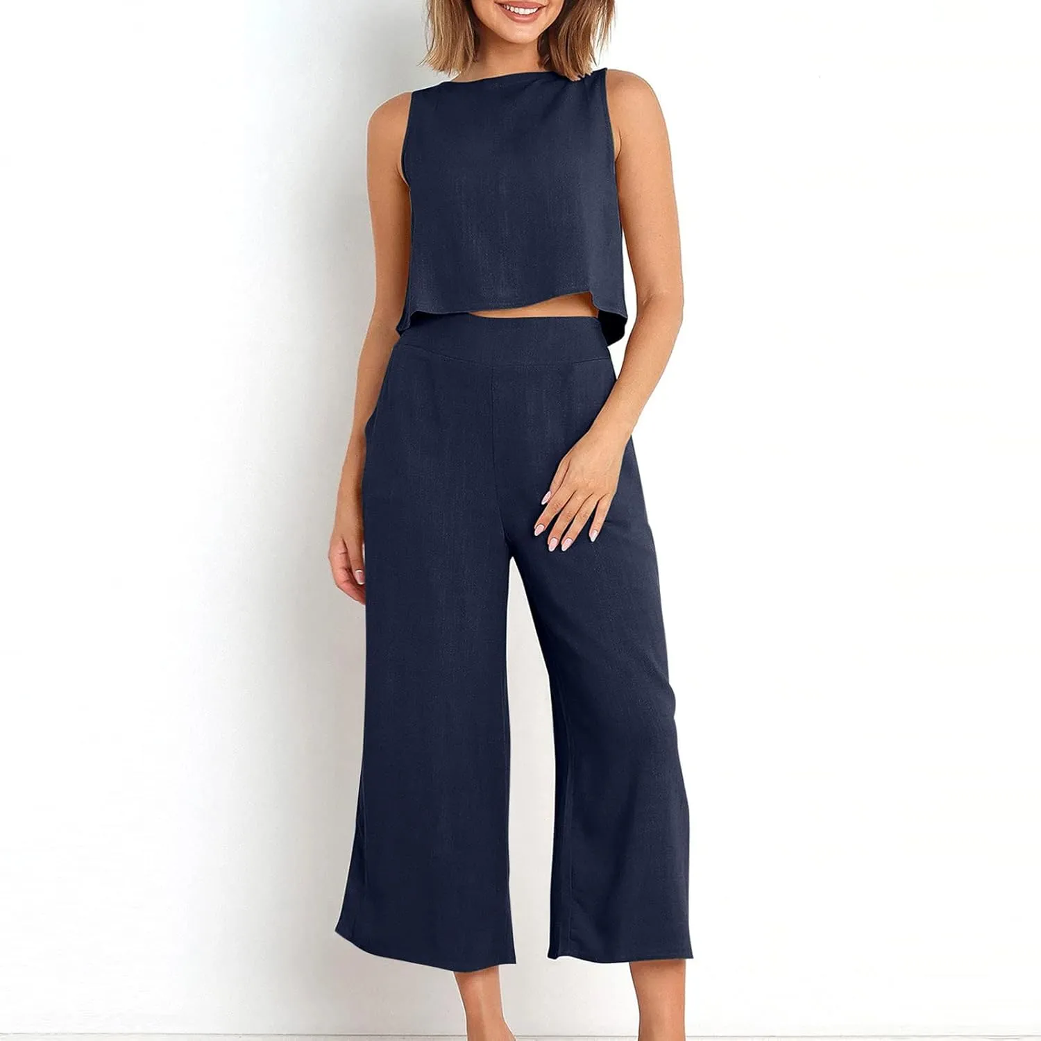 Women's Linen Sets 2 Piece Outfits Summer Sleeveless Tank Tops Wide Leg Capri Pants Linen Lounge Beach Travel Sets
