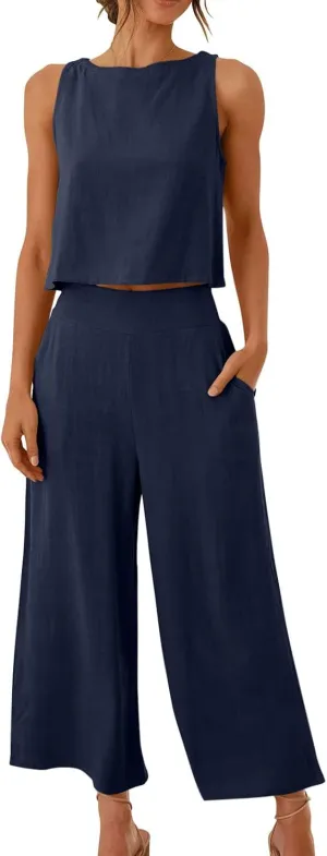 Women's Linen Sets 2 Piece Outfits Summer Sleeveless Tank Tops Wide Leg Capri Pants Linen Lounge Beach Travel Sets