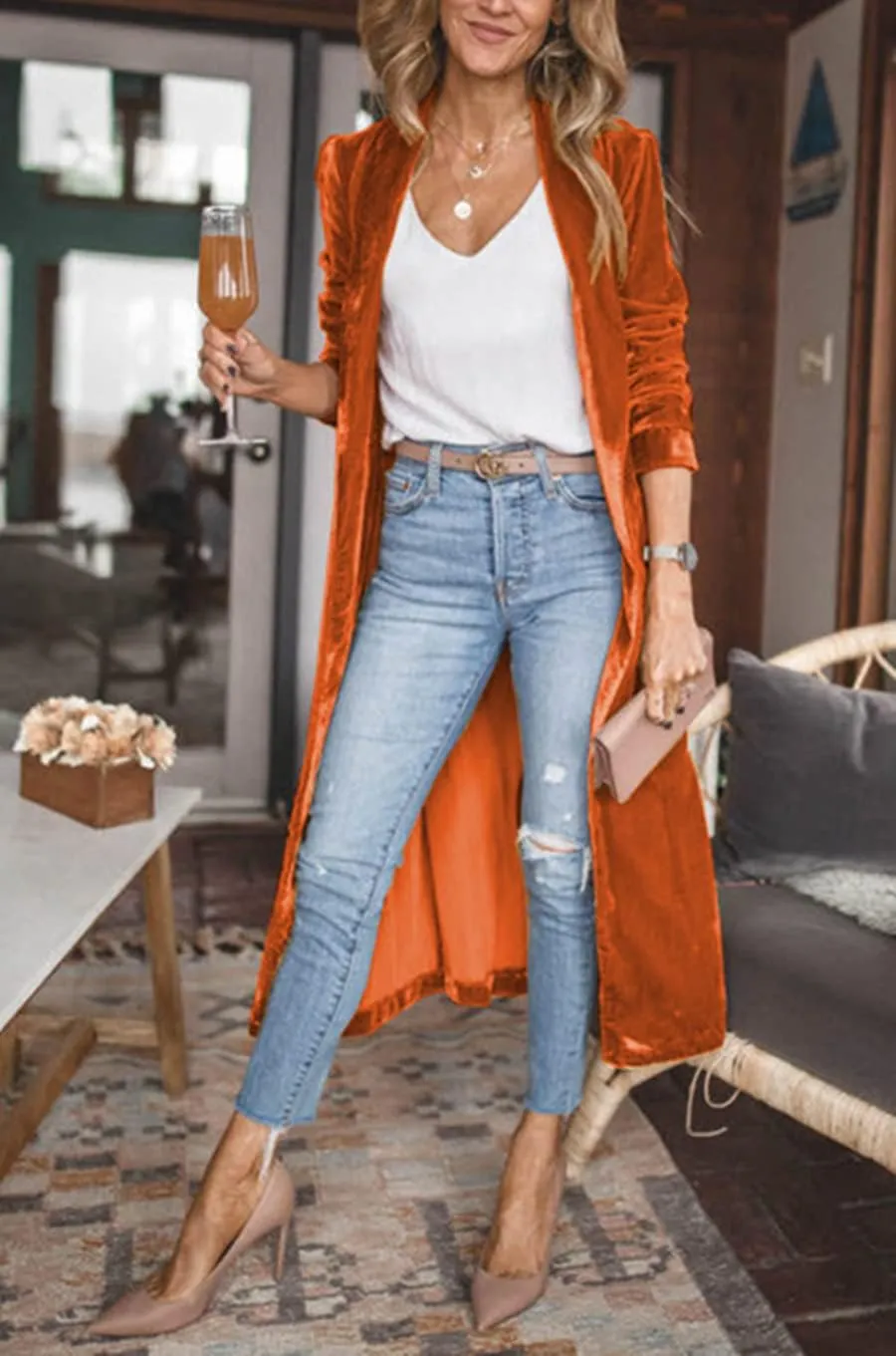 Women's Long Velvet Cardigan Jacket Lapel Collar Open Front Vintage Cardigan Sweater with Pocket