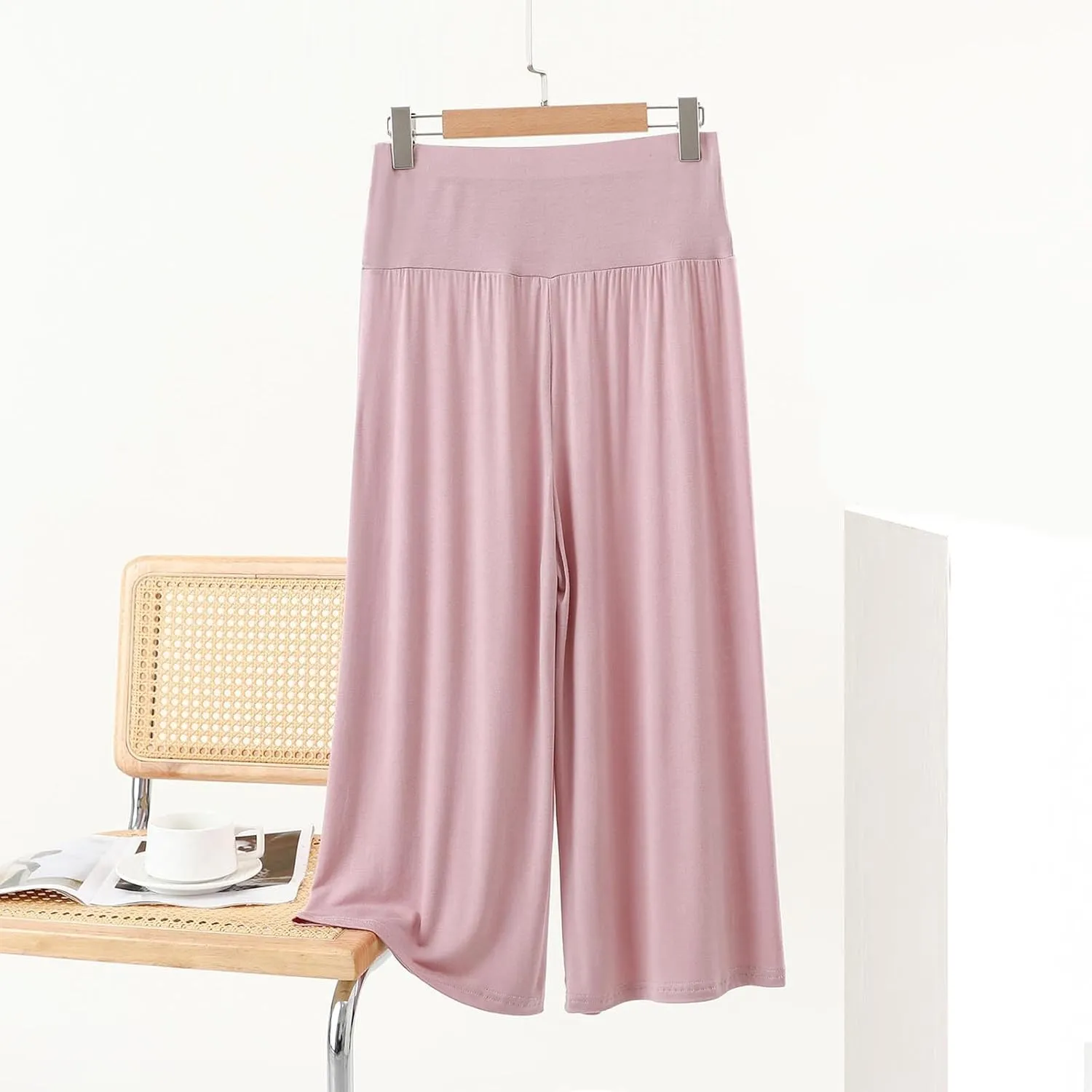 Womens Pleated Capri Pants Casual Elastic Waisted Baggy Comfy Trousers Solid Color Lightweight Home Capris