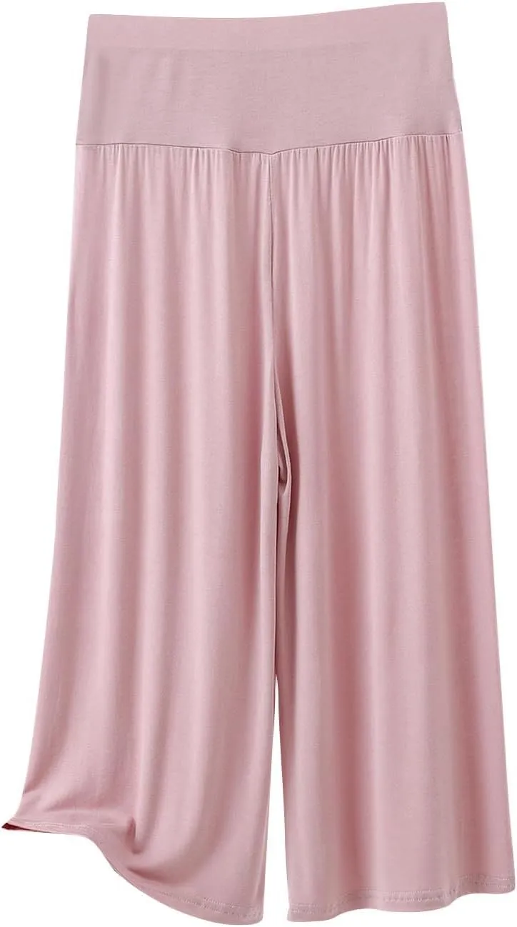 Womens Pleated Capri Pants Casual Elastic Waisted Baggy Comfy Trousers Solid Color Lightweight Home Capris