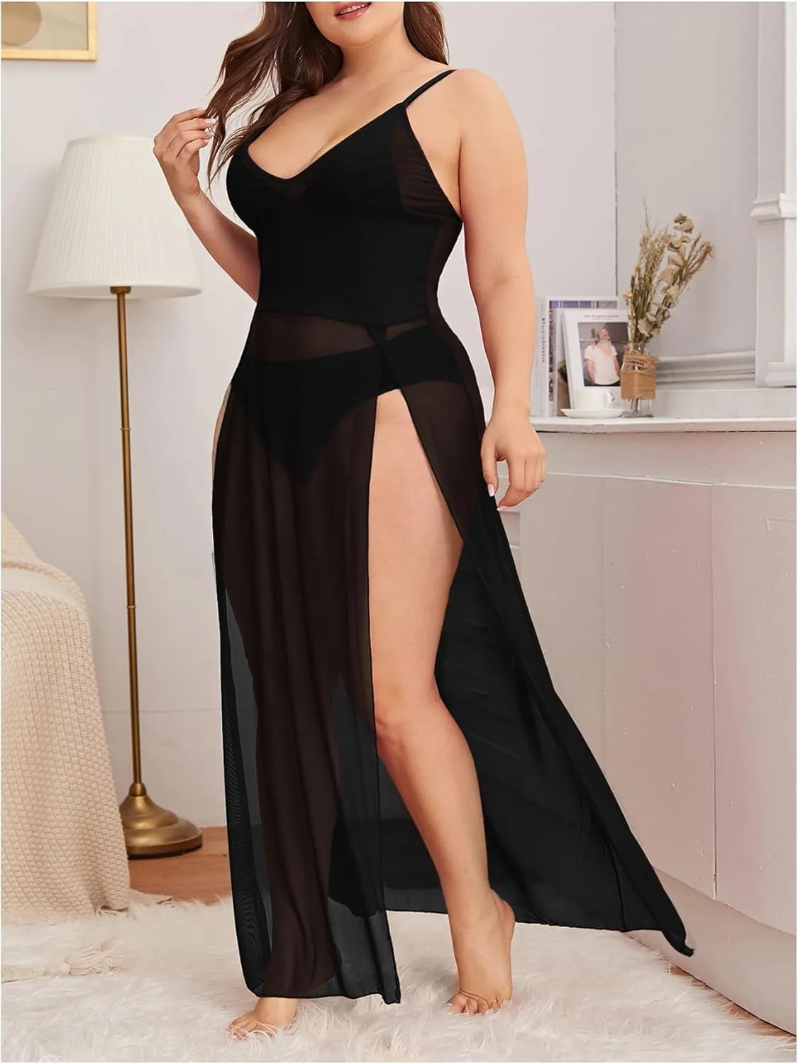 Women's Plus Size 2 Piece Lingerie Sets Sheer Mesh Split Thigh Nightgown Maxi Dress with Panty