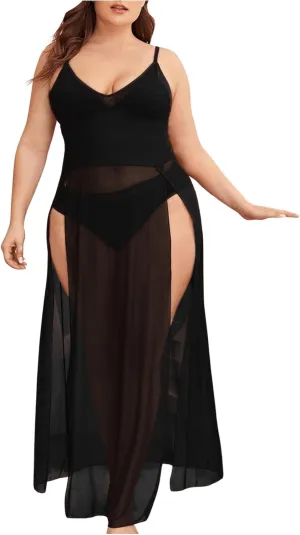 Women's Plus Size 2 Piece Lingerie Sets Sheer Mesh Split Thigh Nightgown Maxi Dress with Panty