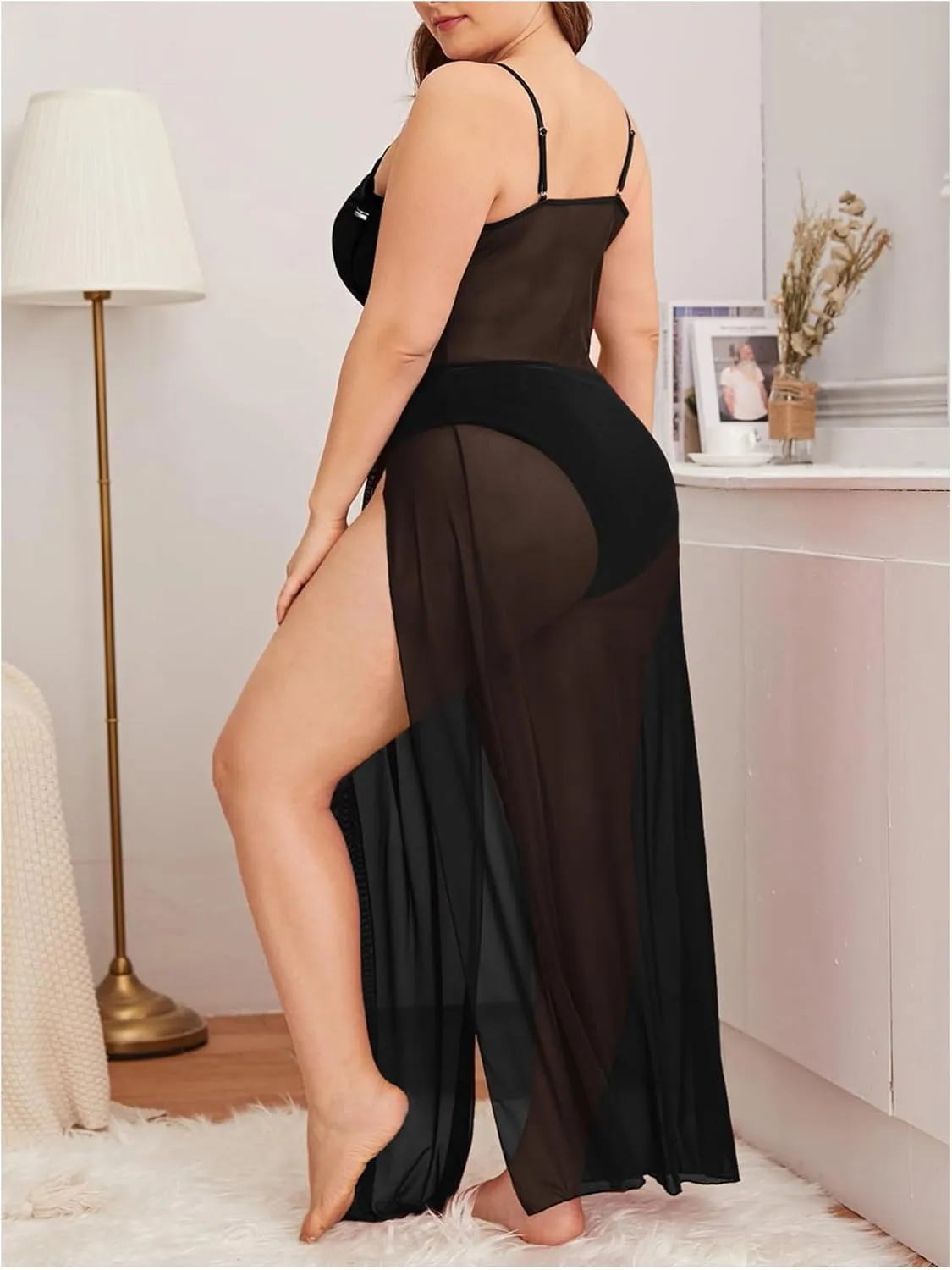 Women's Plus Size 2 Piece Lingerie Sets Sheer Mesh Split Thigh Nightgown Maxi Dress with Panty