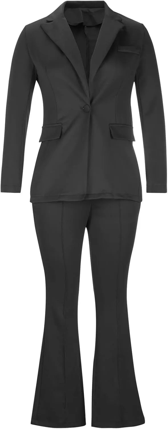 Womens Premium Formal Suit Sets Aesthetic Business Work Blazer Sets Slim Fit Suit Top Straight Leg Flare Bootleg Pant