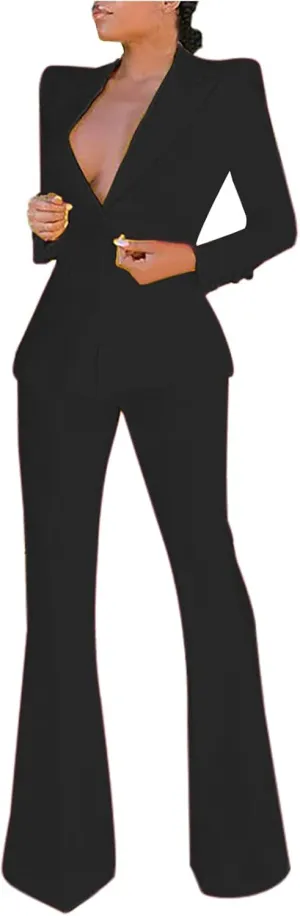 Womens Premium Formal Suit Sets Aesthetic Business Work Blazer Sets Slim Fit Suit Top Straight Leg Flare Bootleg Pant