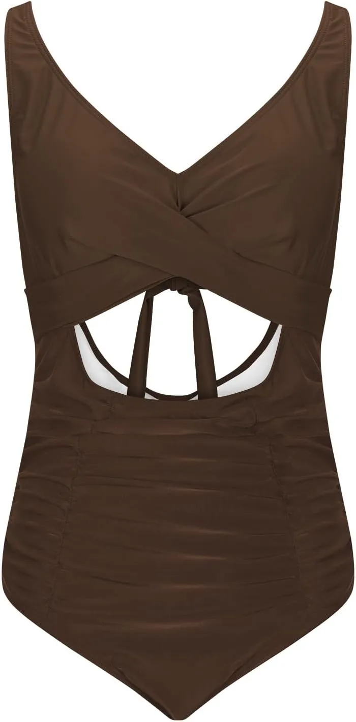 Women's Ruched One Piece Swimsuit Tummy Control Cutout High Waisted Bathing Suit Sexy Backless Tie Back Swimwear