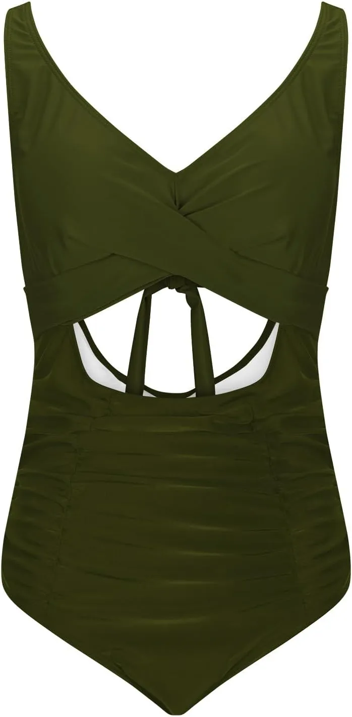 Women's Ruched One Piece Swimsuit Tummy Control Cutout High Waisted Bathing Suit Sexy Backless Tie Back Swimwear